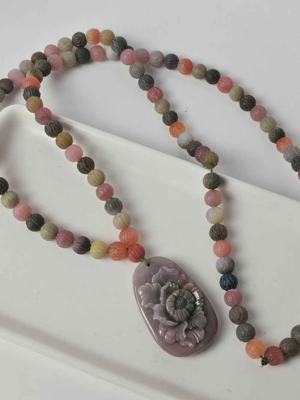 Handcrafted Yanyuan Agate Carved Peony Flower Pendant Beaded Necklace